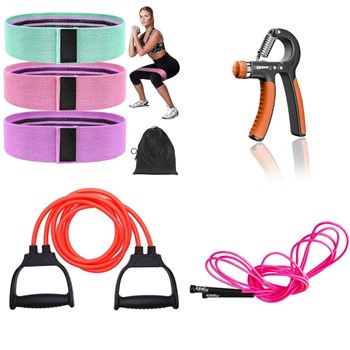 Fitfix® Complete Home Workout Set - Hand Gripper Double Toning Tube Skipping Rope and 3 Hip Bands Included