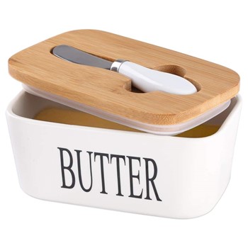 Ceramic Butter Dish with Wooden Lid Lesige Large Butter Container Keeper Storage Plate with Steal Butter Knife Bamboo Cover and Silicone Sealing Ring for West East Coast Butter White (Large)