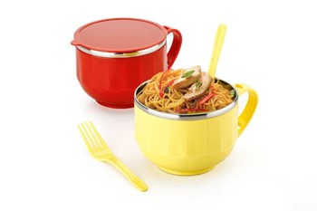 2 Pcs 500ml Stainless Steel Soup Bowl with Spoon Holder and Soup Cup Container Maggie Noodles Cup Mug with Spoon Holder (Multicolor)