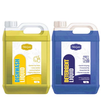 WARYAN Blue Liquid Detergent & Yellow Dishwash Liquid Combo 5 Litre Each | Powerful Cleaning & Stain Removal | Fresh Fragrance | Eco-Friendly Formula | Ideal for Home & Kitchen Cleaning  5 Liter