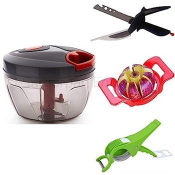 Combo of Multi Purpose Quick Plastic Chopper 4 in 1 Clever Cutter 2 in 1 Vegetable Cutter & Deluxe Apple Cutter (Multicolour) - Pack of 4