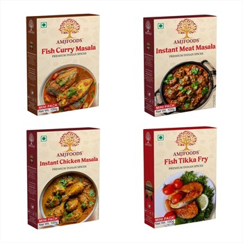 AMJFOODSFish Curry Masala Instant Meat Masala Instant Chicken Masala Fish Tikka Fry (Pack of 4)/ Each Pack 100Gm