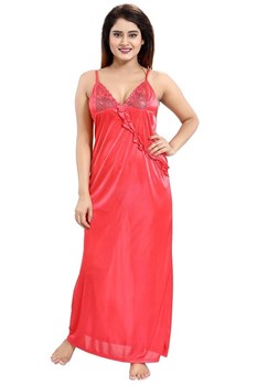 MARFA FASHION Women Satin Night Dress 1 Nighty 1 Robe 1 Bra 1 Panty 1 Top & 1 Shorts (Free Size Peach)