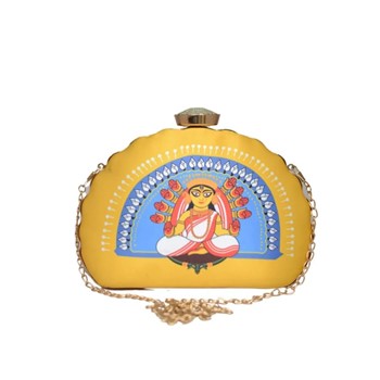 Durga Maa D-Shape Printed Clutch Bag For Women With Detachable Chain Strap Navratri Bags (Yellow 3 D SHAPE)