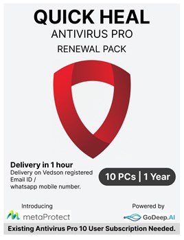 Quick Heal - Antivirus Pro - Renewal Pack - 10 Users - 1 Year - Email & WhatsApp Number Delivery in 2 hours - No CD - Existing Quick Heal Antivirus Pro 10 Users Subscription Needed