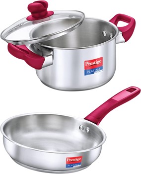 Prestige Platina Popular Stainless Steel Casserole with lid 200MM(3L)Frypan240MM(2.25L) Fry Pan 20 cm 24 cm diameter with Lid 3 L 2.25 L capacity (Stainless Steel Induction Bottom)